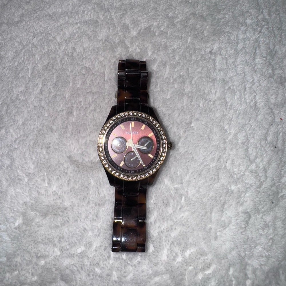 Fossil tortoise shell watch with gold accents